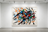 Abstract oil painting with intersecting black lines and colorful rings in red blue green orange on white