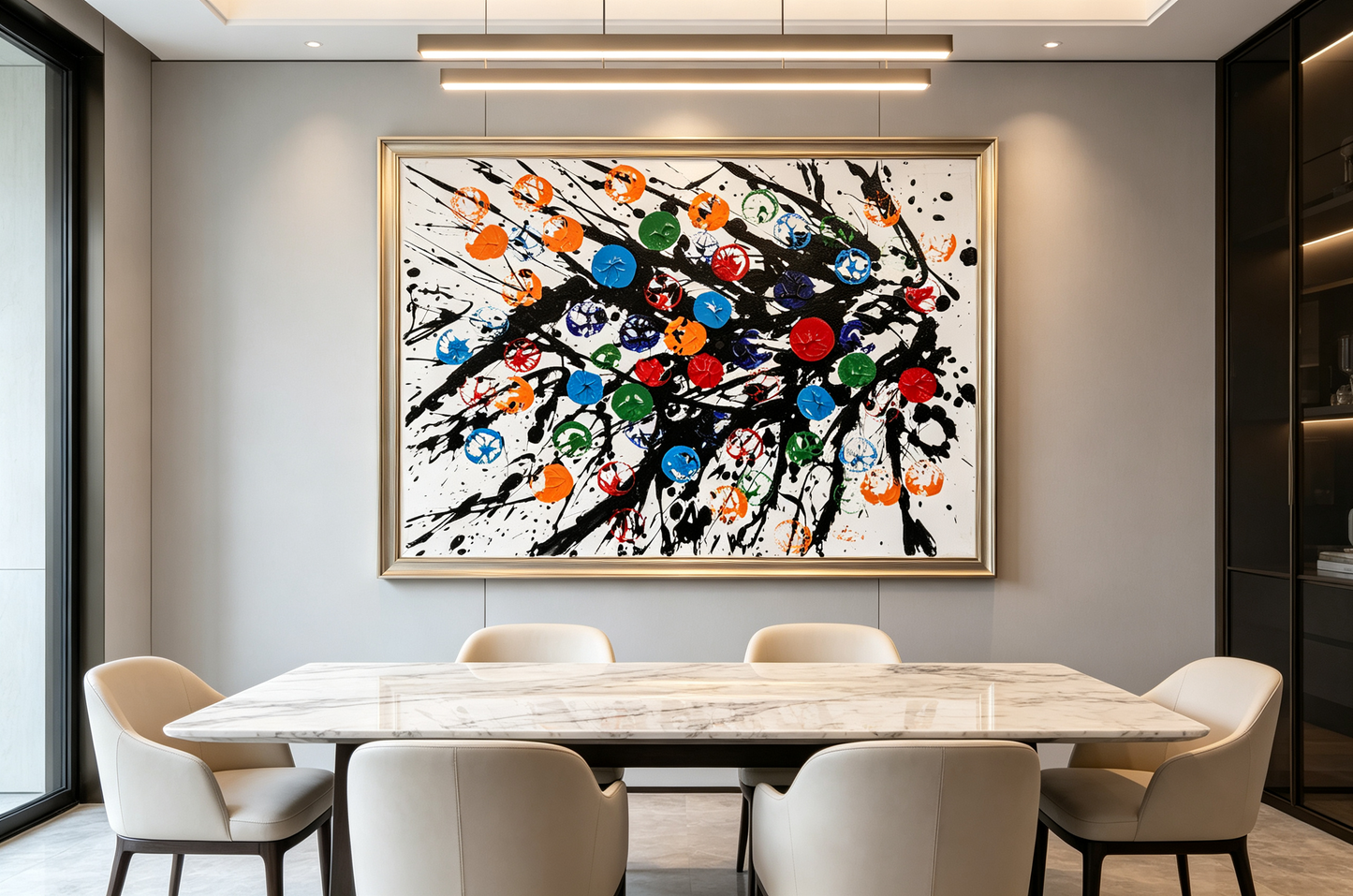 Abstract oil painting with intersecting black lines and colorful rings in red blue green orange on white