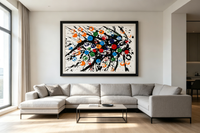 Abstract oil painting with intersecting black lines and colorful rings in red blue green orange on white