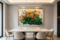 Abstract oil painting with green washes and clusters of red yellow dots resembling blooming flowers