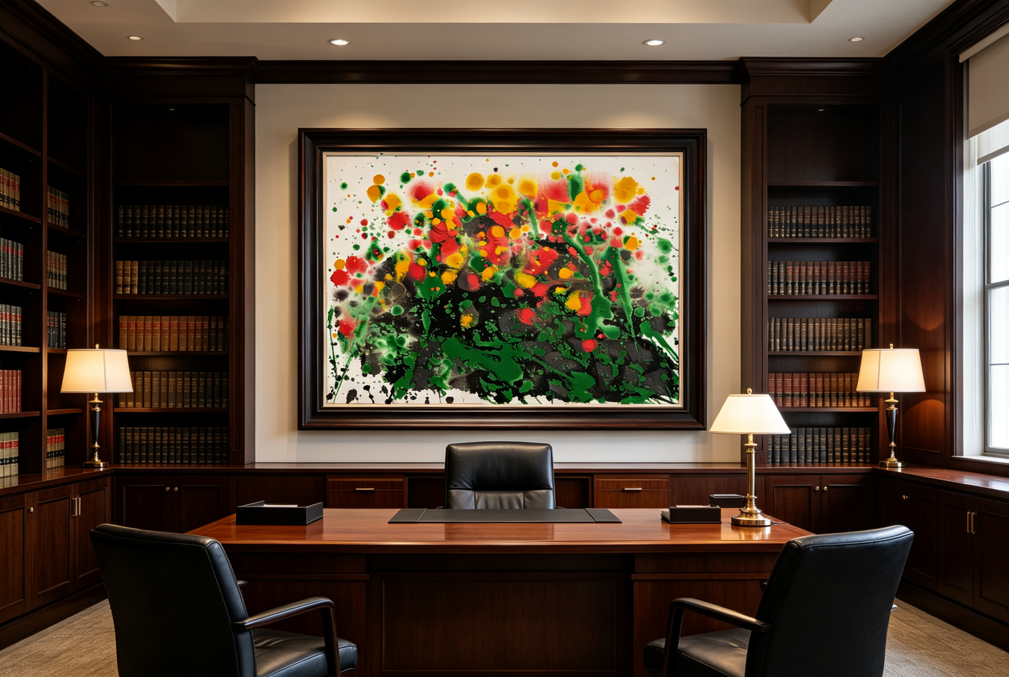 Abstract oil painting with green washes and clusters of red yellow dots resembling blooming flowers
