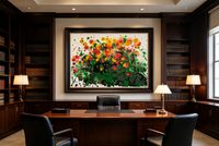 Abstract oil painting with green washes and clusters of red yellow dots resembling blooming flowers