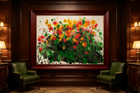 Abstract oil painting with green washes and clusters of red yellow dots resembling blooming flowers