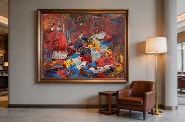 Abstract oil painting with thick layered strokes in deep red, cobalt blue, and golden yellow