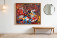 Abstract oil painting with thick layered strokes in deep red, cobalt blue, and golden yellow