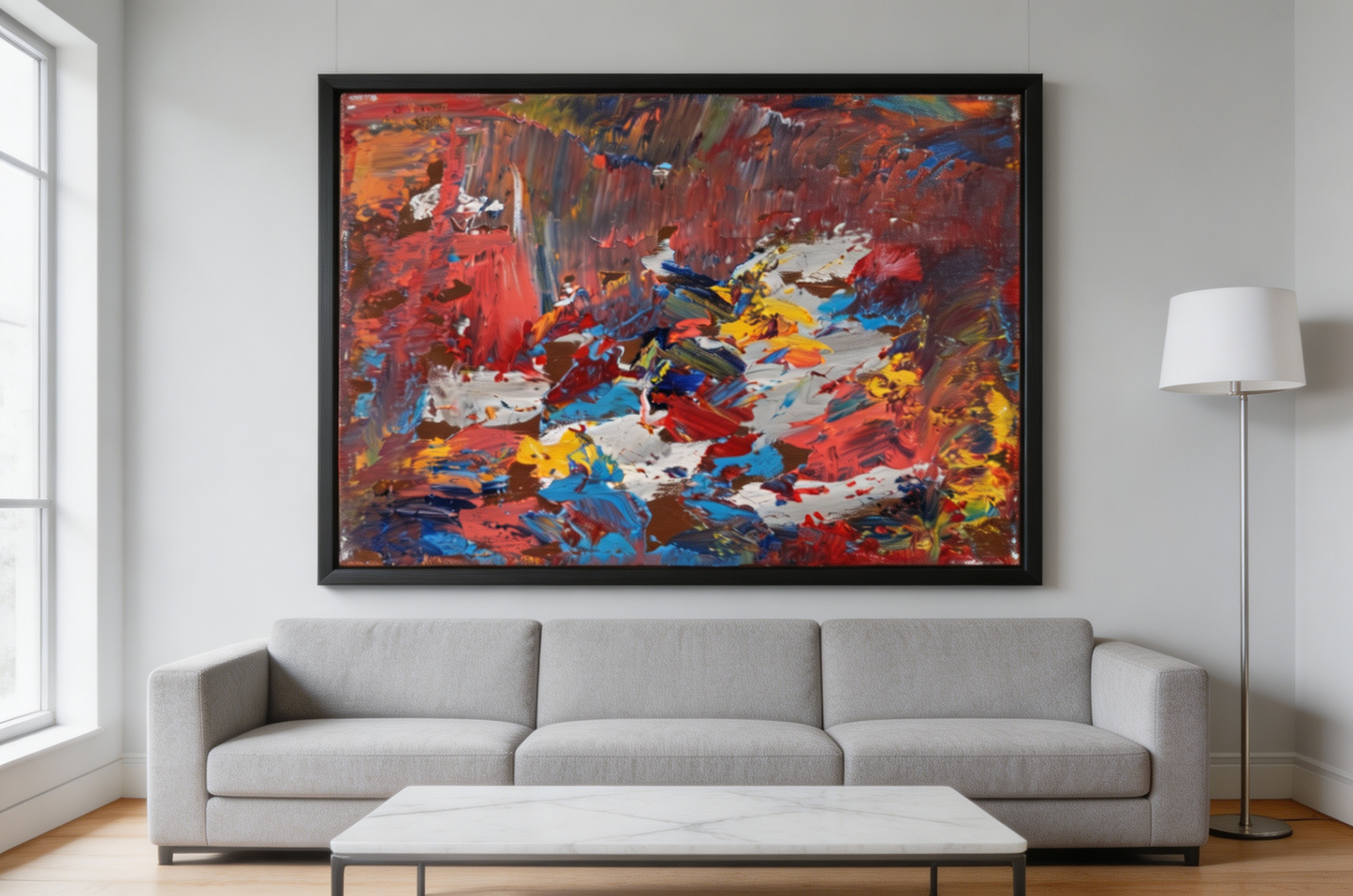Abstract oil painting with thick layered strokes in deep red, cobalt blue, and golden yellow