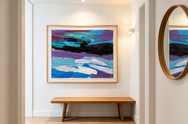 Abstract oil painting with horizontal bands of purple, teal, and blue with black and white accents