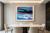 Abstract oil painting with horizontal bands of purple, teal, and blue with black and white accents