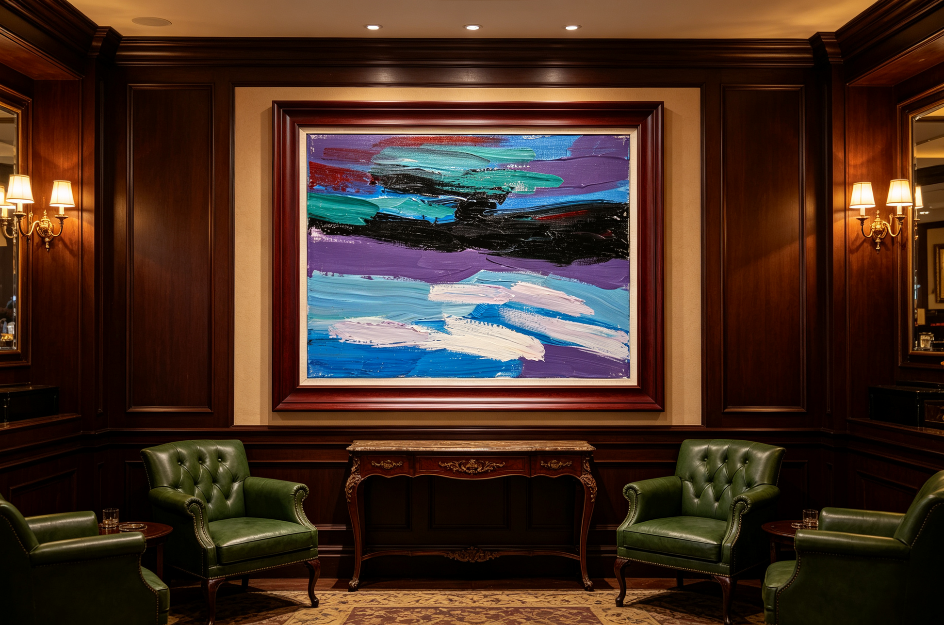 Abstract oil painting with horizontal bands of purple, teal, and blue with black and white accents