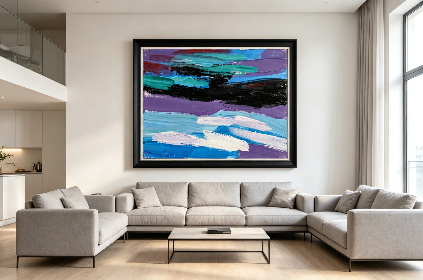 Abstract oil painting with horizontal bands of purple, teal, and blue with black and white accents