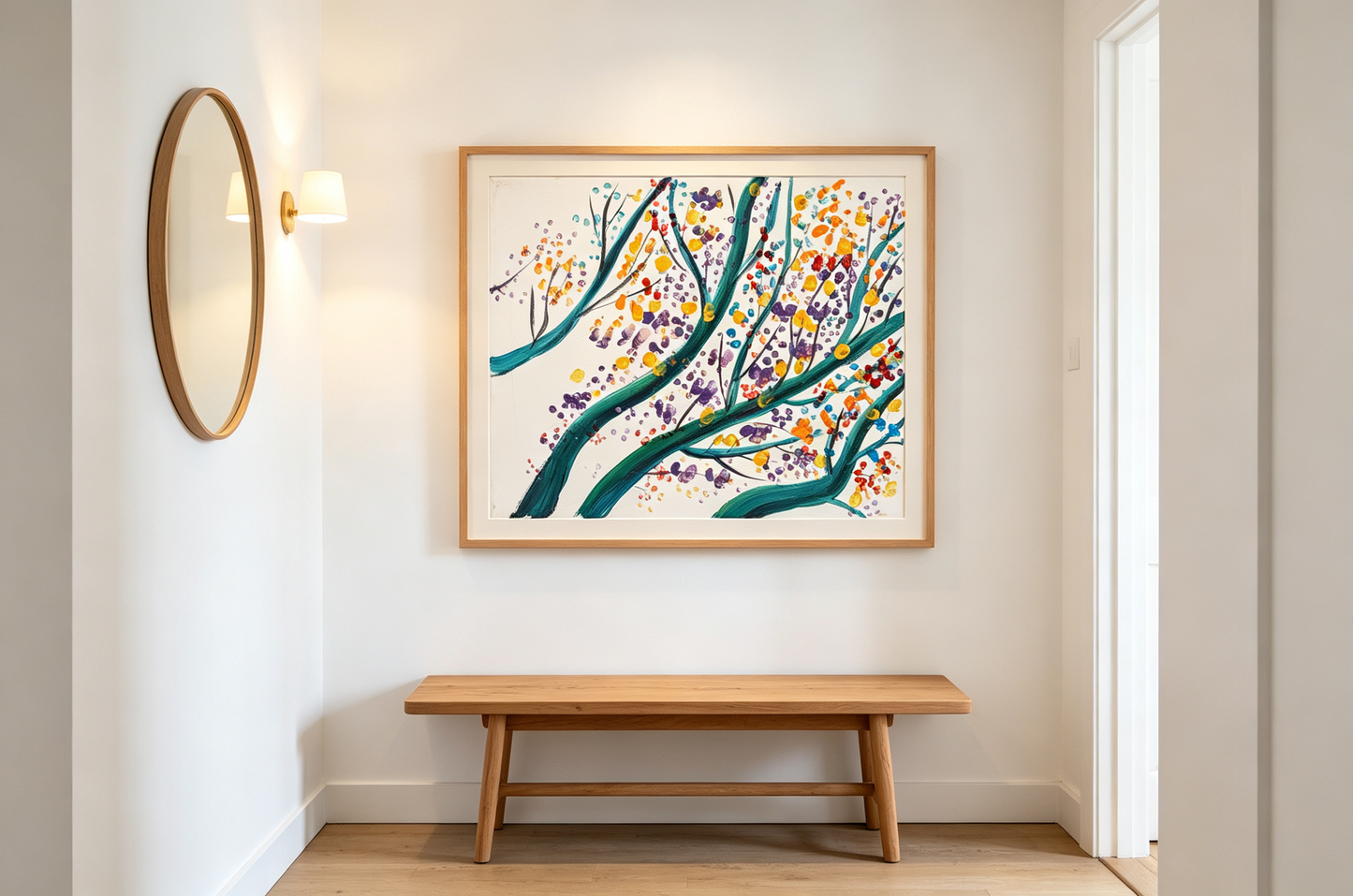 Oil painting of teal branches with colorful dotted blossoms in purple, yellow, and orange on white