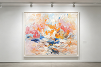 Impressionist abstract oil painting with soft pastel strokes in pink, peach, blue, and cream
