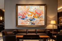 Impressionist abstract oil painting with soft pastel strokes in pink, peach, blue, and cream