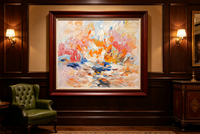 Impressionist abstract oil painting with soft pastel strokes in pink, peach, blue, and cream
