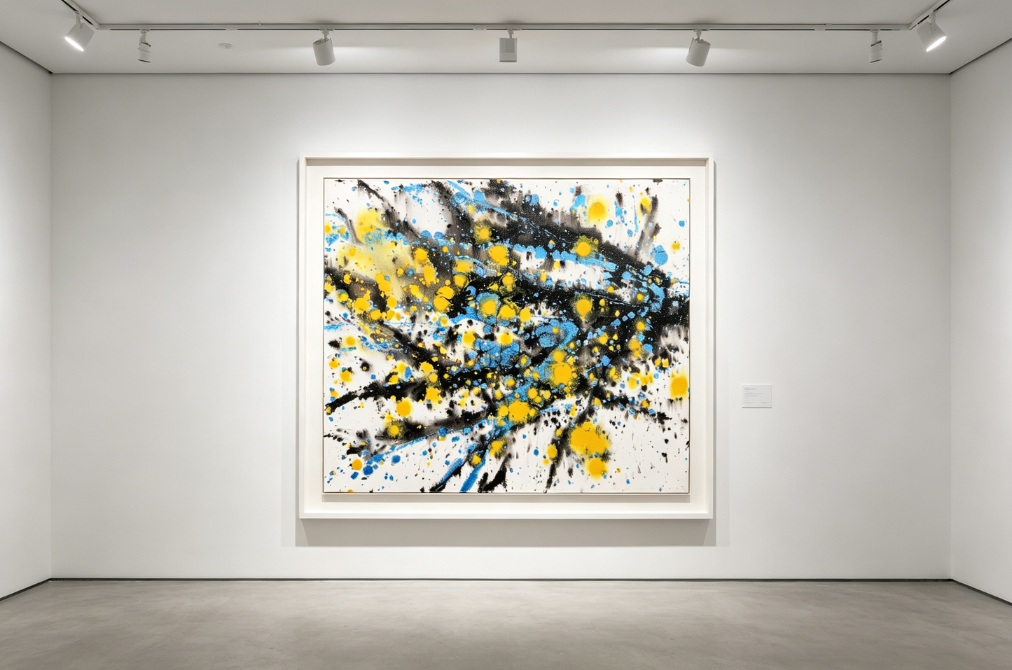 Abstract oil painting with flowing black strokes and yellow blue splatters on white canvas