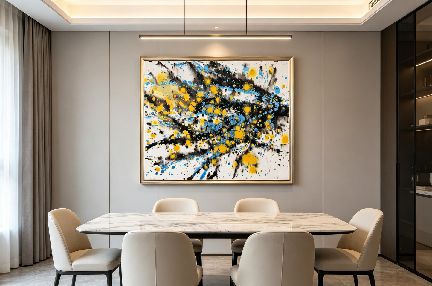 Abstract oil painting with flowing black strokes and yellow blue splatters on white canvas