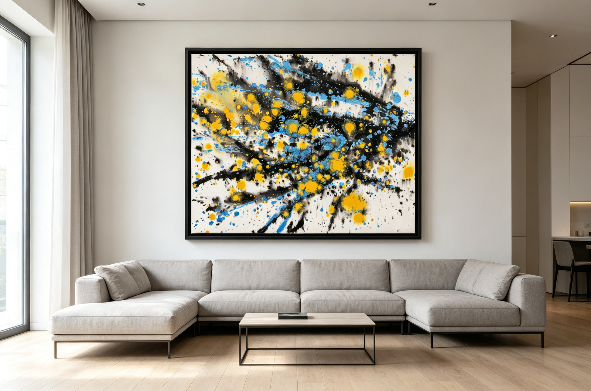 Abstract oil painting with flowing black strokes and yellow blue splatters on white canvas