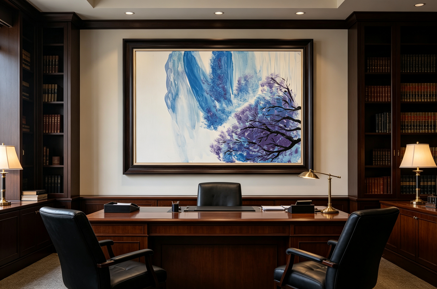Abstract oil painting with blue and lavender background and dark purple tree branches