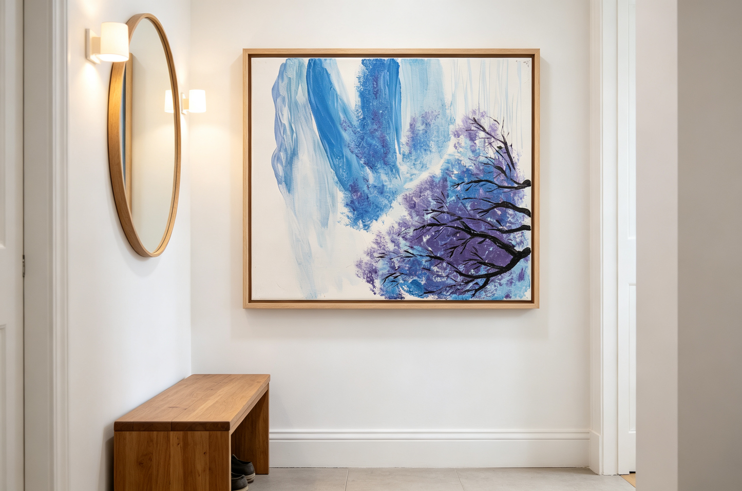 Abstract oil painting with blue and lavender background and dark purple tree branches