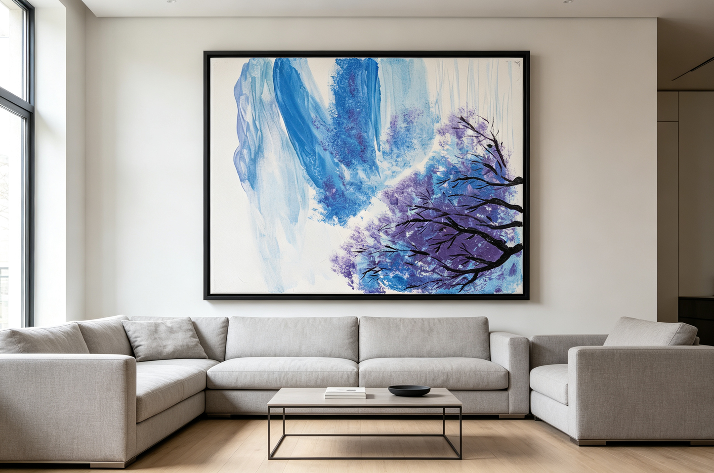 Abstract oil painting with blue and lavender background and dark purple tree branches