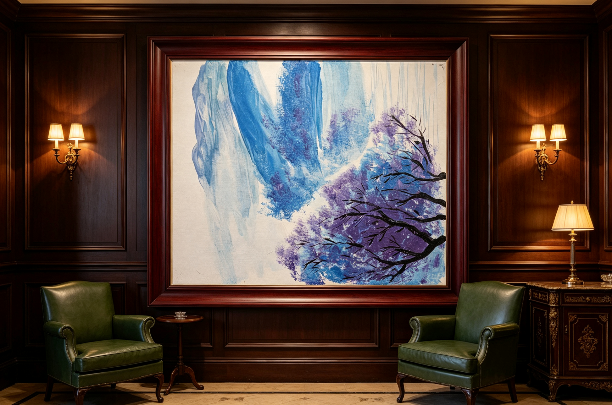 Abstract oil painting with blue and lavender background and dark purple tree branches