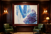 Abstract oil painting with blue and lavender background and dark purple tree branches