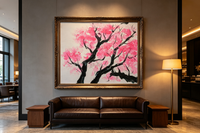 Minimalist oil painting with black tree branches on vibrant pink background