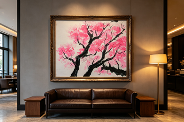 Minimalist oil painting with black tree branches on vibrant pink background