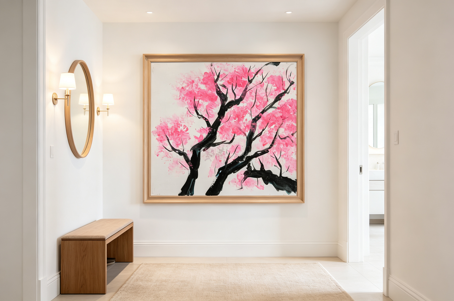 Minimalist oil painting with black tree branches on vibrant pink background