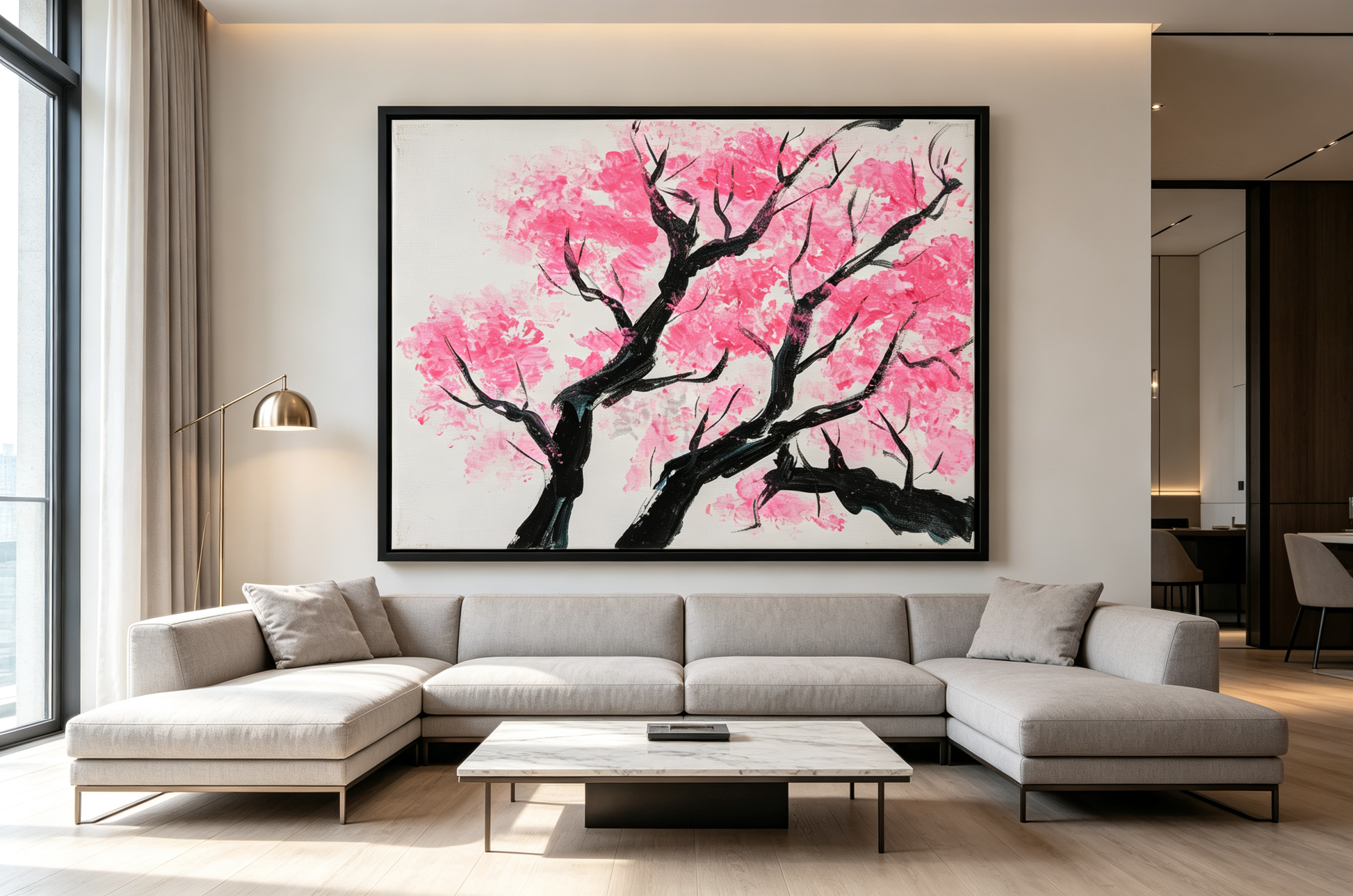 Minimalist oil painting with black tree branches on vibrant pink background