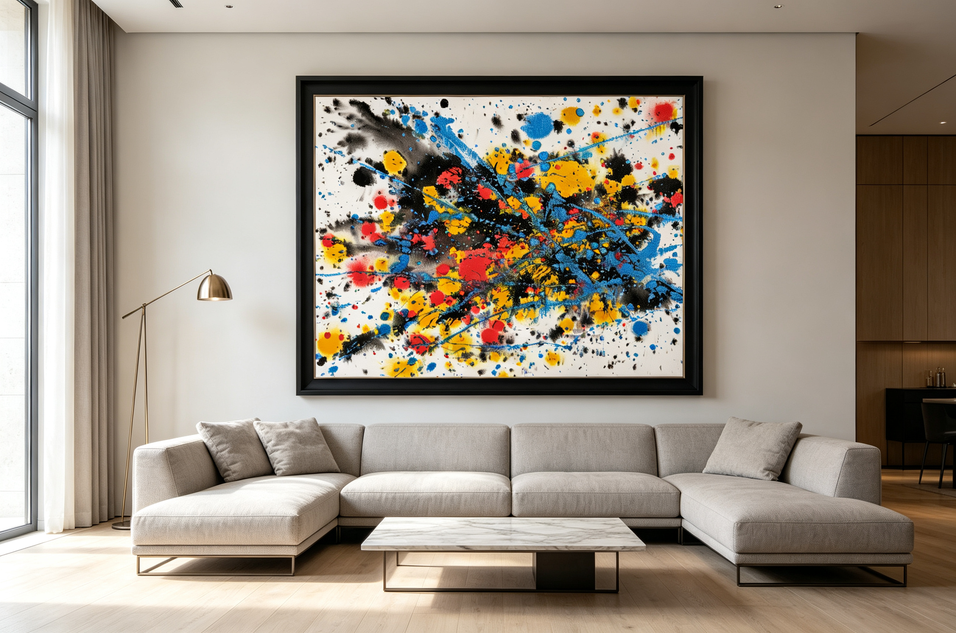Abstract oil painting with yellow, red, blue and black splatters on light background