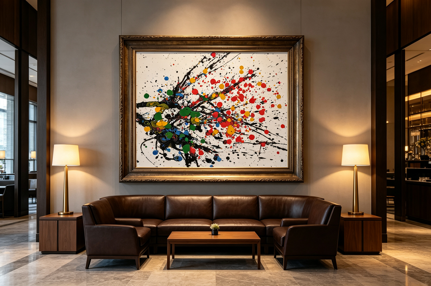 Abstract oil painting with black splashes and colorful dots on white background