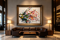 Abstract oil painting with black splashes and colorful dots on white background