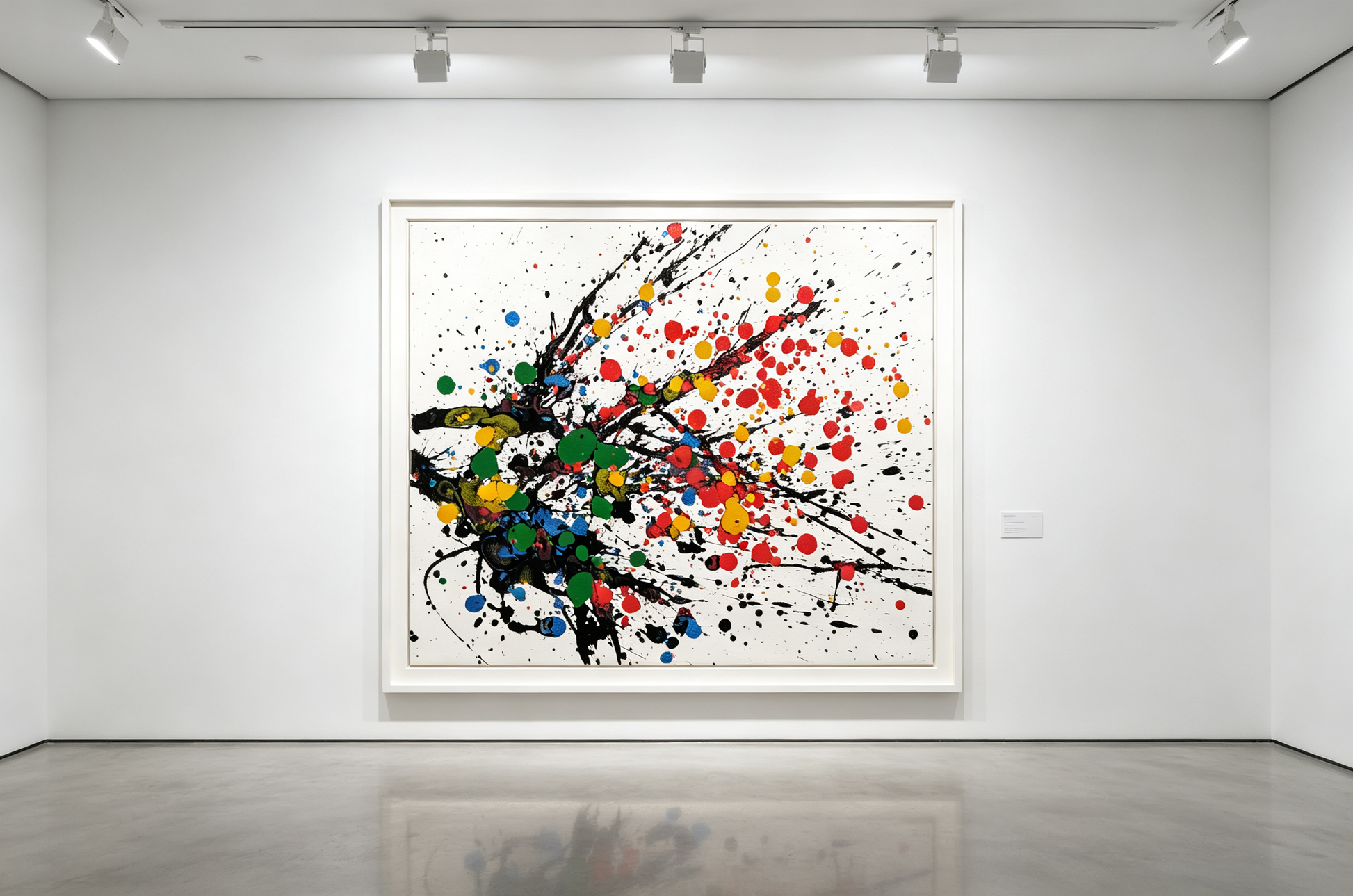 Abstract oil painting with black splashes and colorful dots on white background