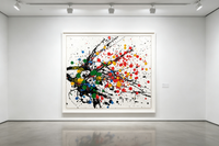 Abstract oil painting with black splashes and colorful dots on white background