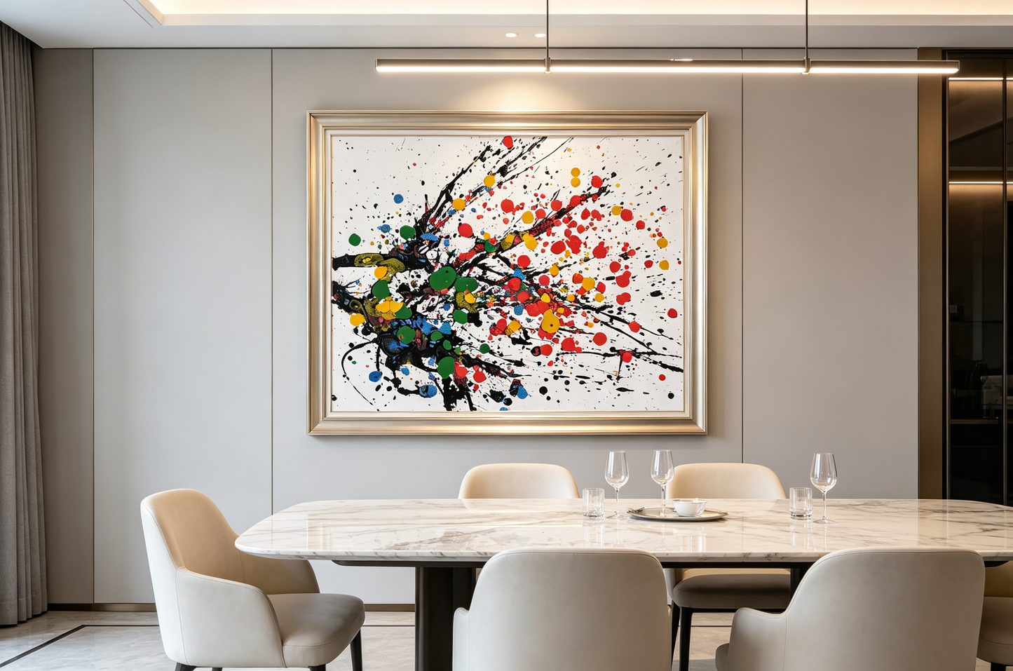 Abstract oil painting with black splashes and colorful dots on white background