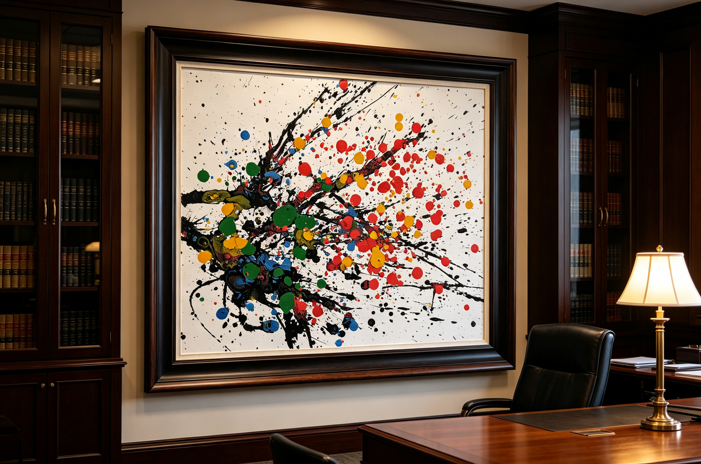 Abstract oil painting with black splashes and colorful dots on white background