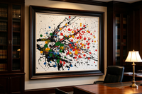 Abstract oil painting with black splashes and colorful dots on white background