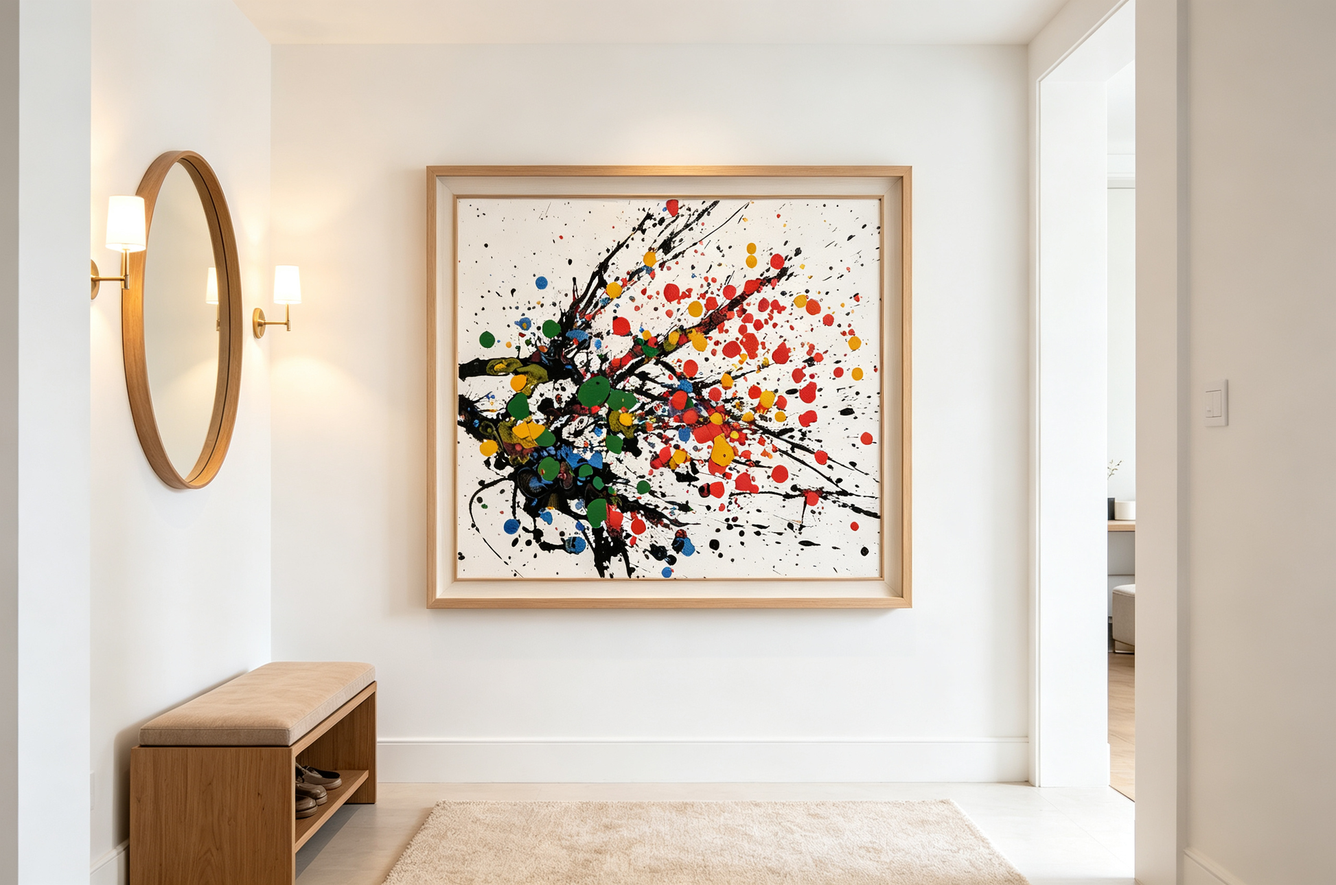 Abstract oil painting with black splashes and colorful dots on white background