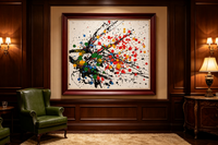 Abstract oil painting with black splashes and colorful dots on white background