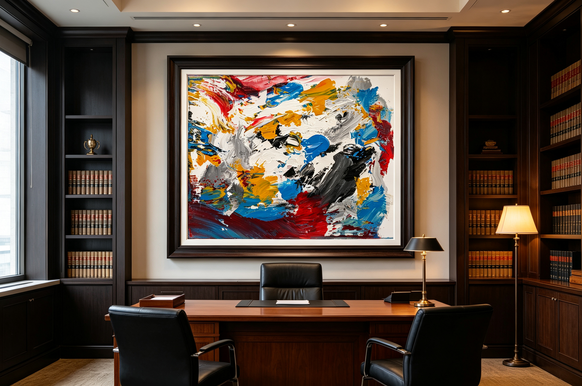 Abstract oil painting with bold multicolored brushstrokes on white canvas