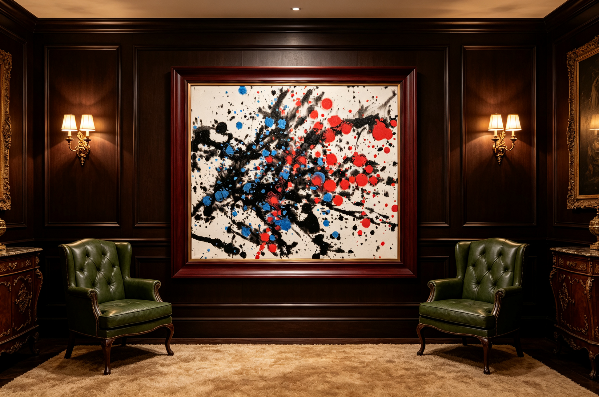 Abstract oil painting with black splashes and red blue dots on white background