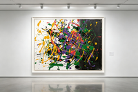Abstract oil painting with colorful drips on white and black canvas