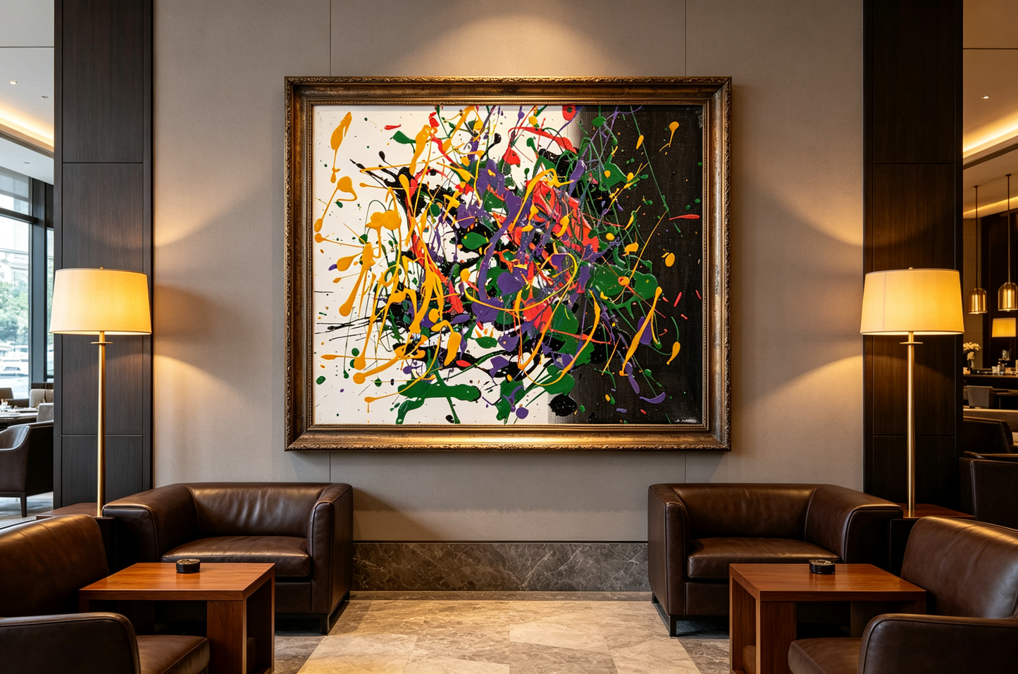 Abstract oil painting with colorful drips on white and black canvas