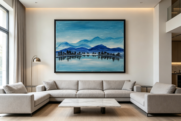 Oil painting of blue mountains and pine trees reflected in a calm teal lake