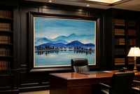 Oil painting of blue mountains and pine trees reflected in a calm teal lake