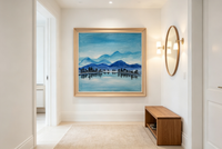 Oil painting of blue mountains and pine trees reflected in a calm teal lake