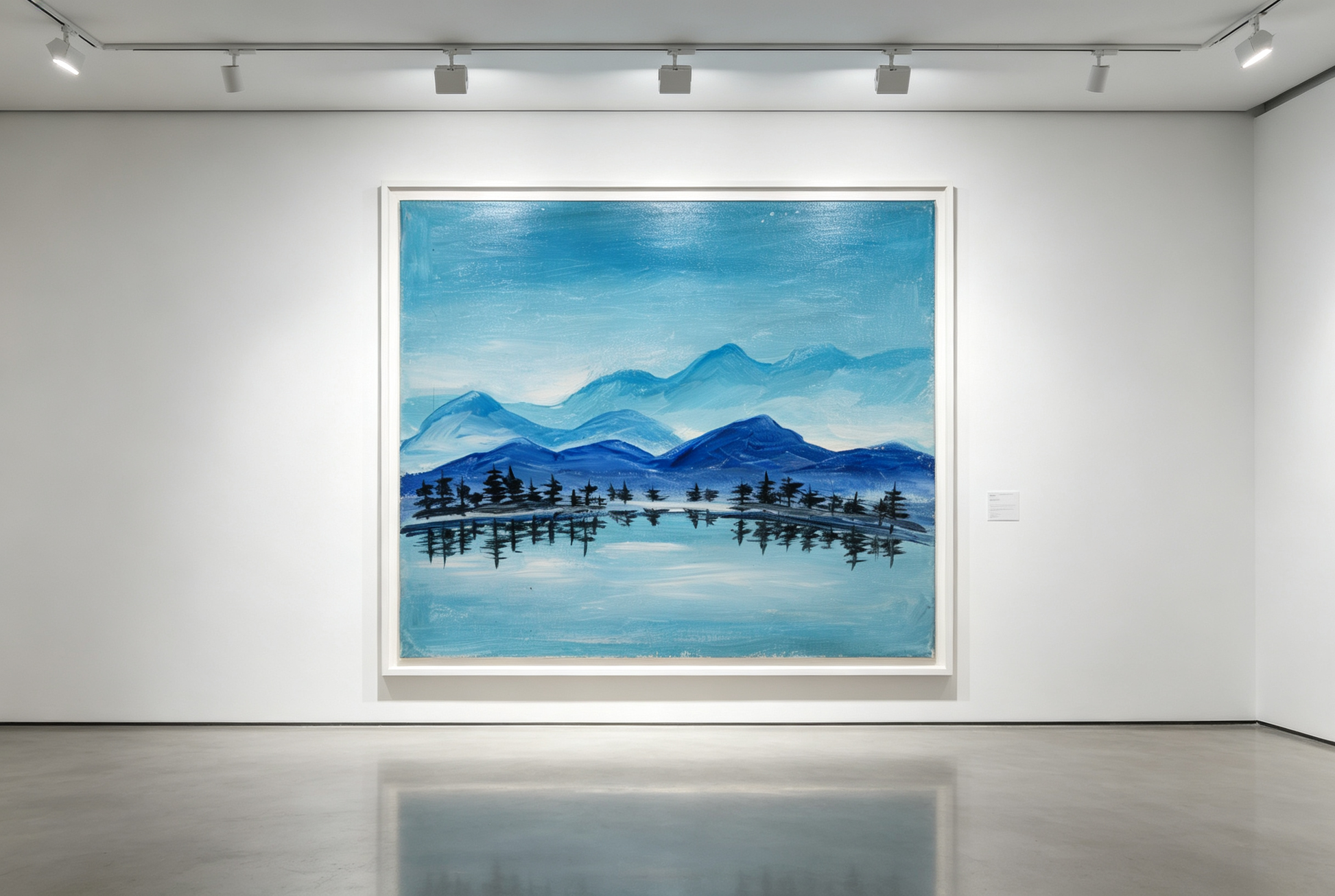 Oil painting of blue mountains and pine trees reflected in a calm teal lake