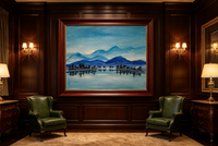 Oil painting of blue mountains and pine trees reflected in a calm teal lake