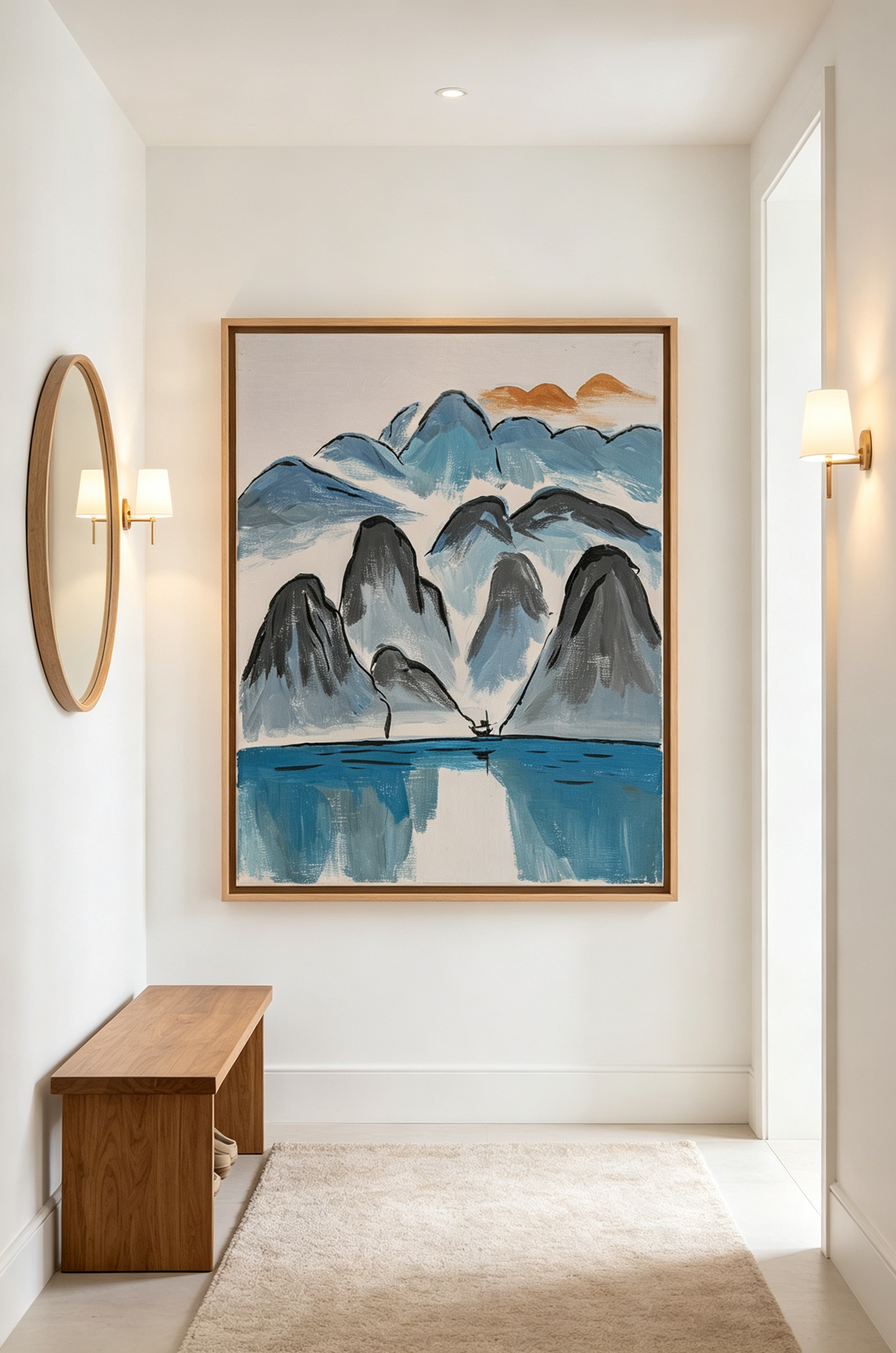 Oil painting of gray-blue mountains with a small boat on calm blue water